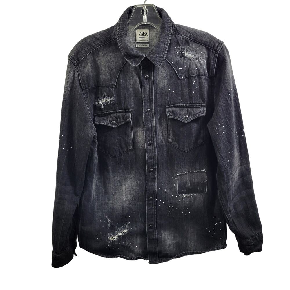 Zara Black Paint Splatter Distressed Denim Shirt/Jacket Size M 111123-0489